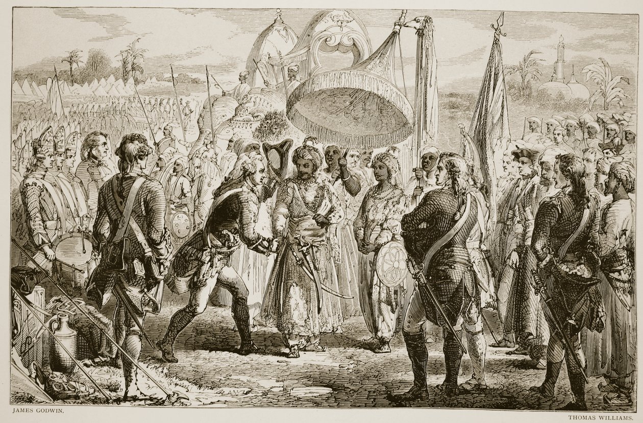 De ontmoeting van Lord Clive met Meer Jaffier, na de Slag bij Plassey, gegraveerd door Thomas Williams door James Godwin