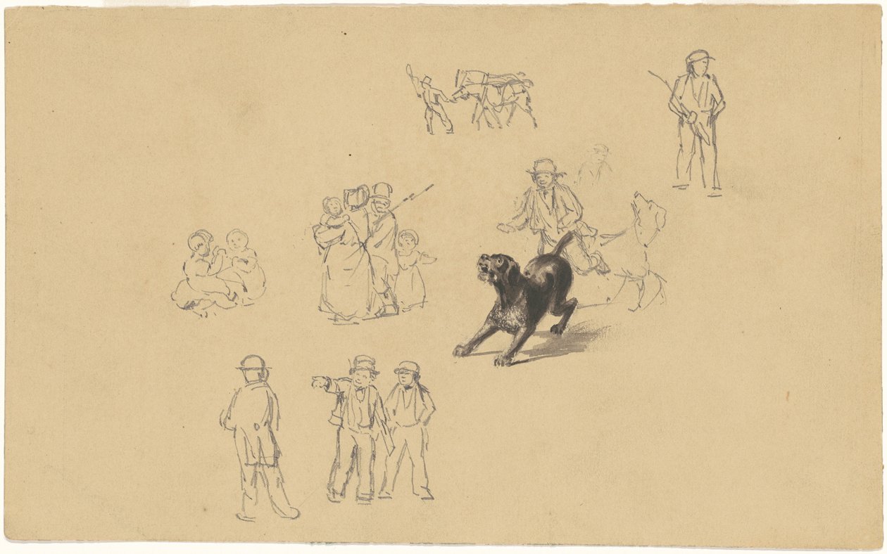 Blaffende Hond en Studies voor "Militie Training" door James Goodwyn Clonney