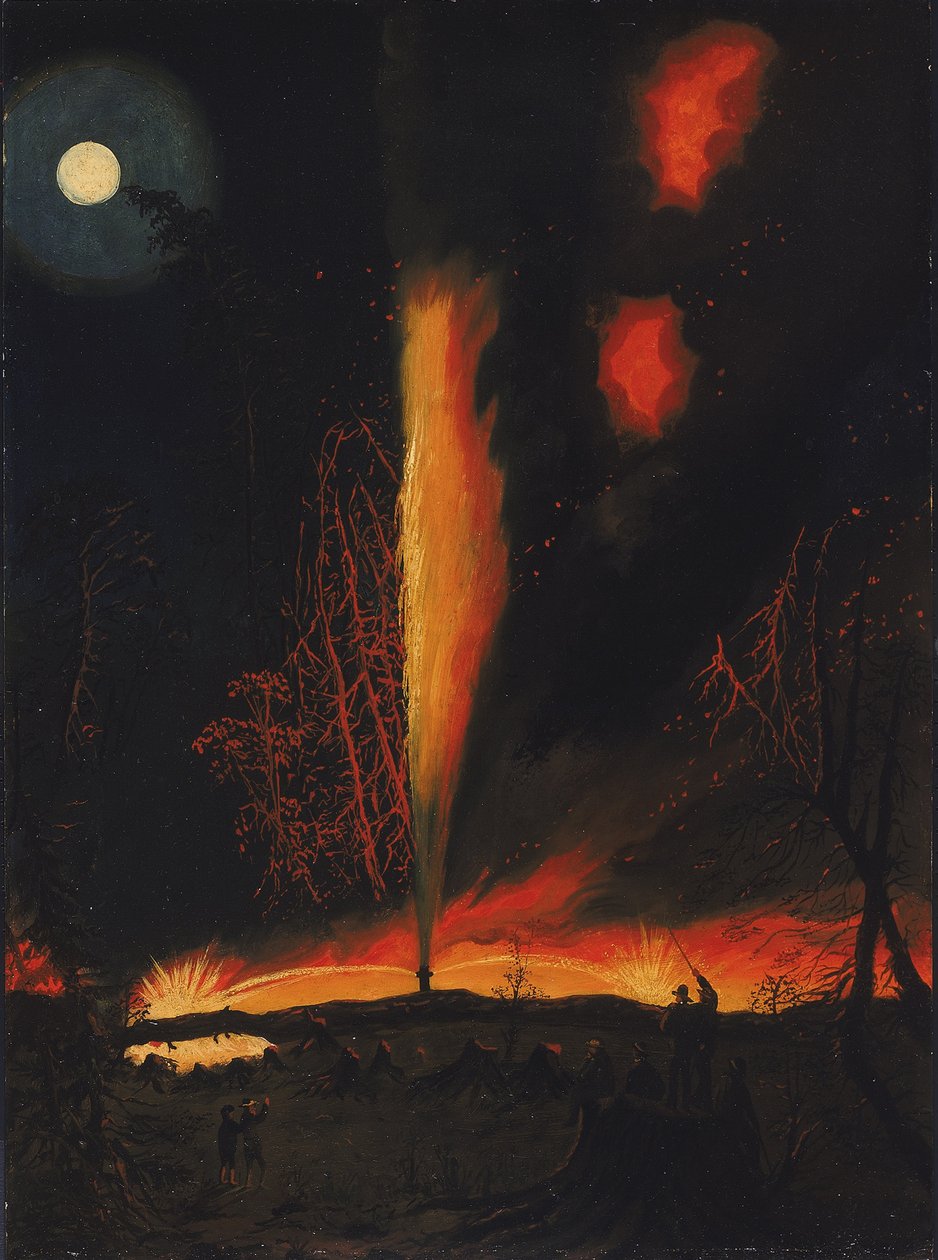 Brandende oliebron bij nacht, bij Rouseville, Pennsylvania door James Hamilton