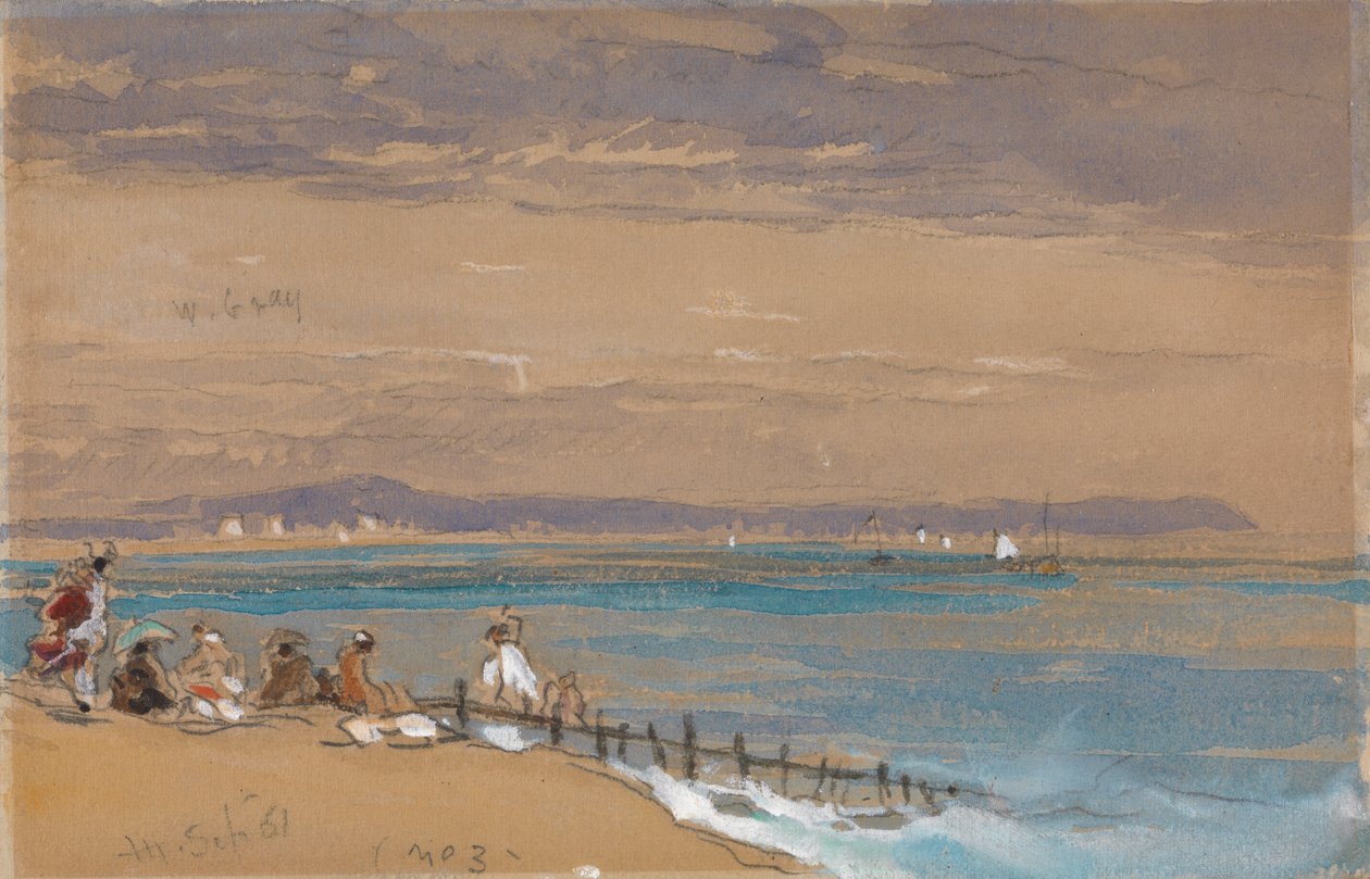 Strandscène met figuren bij een golfbreker door James Holland