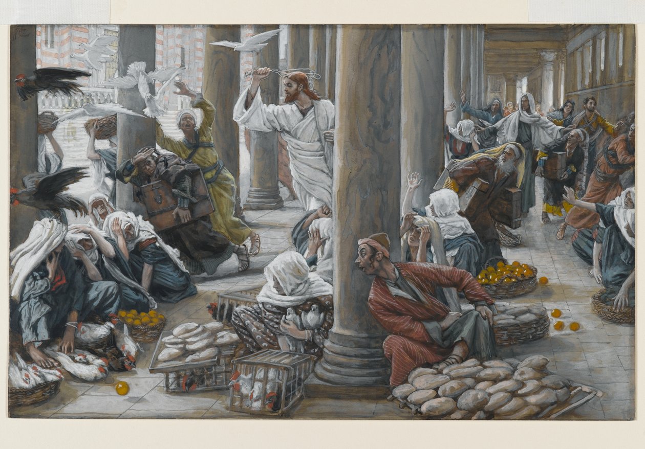 Christus verdrijft de kopers en verkopers uit de tempel, illustratie voor Het leven van Christus, ca. 1884-96 door James Jacques Joseph Tissot