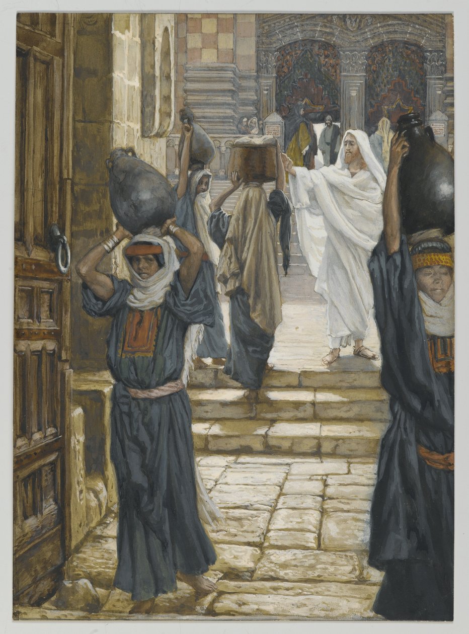 Jezus verbiedt het dragen van lasten in de voorhof van de tempel door James Jacques Joseph Tissot