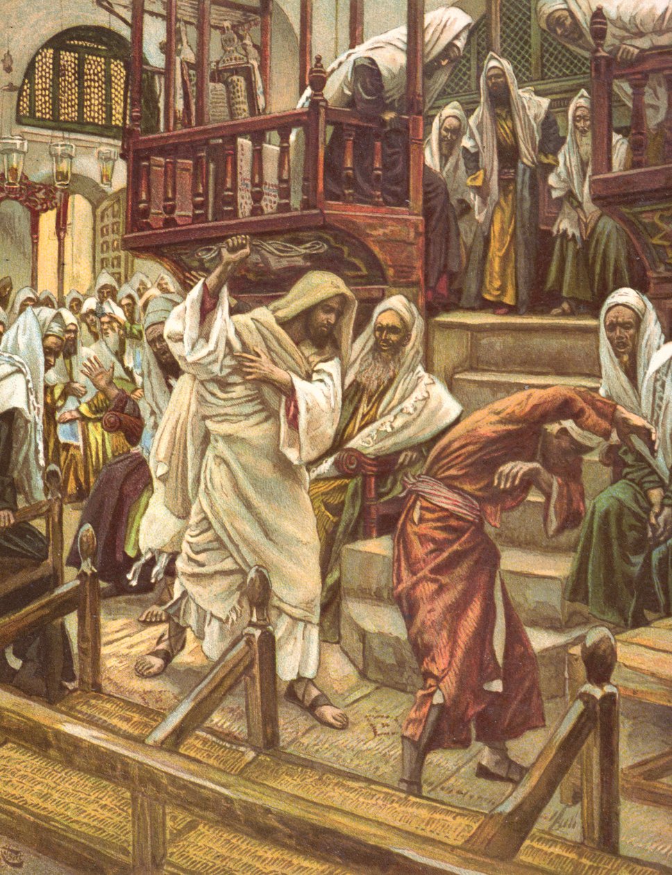 Jezus geneest een door een demon bezeten man in de synagoge, illustratie voor 