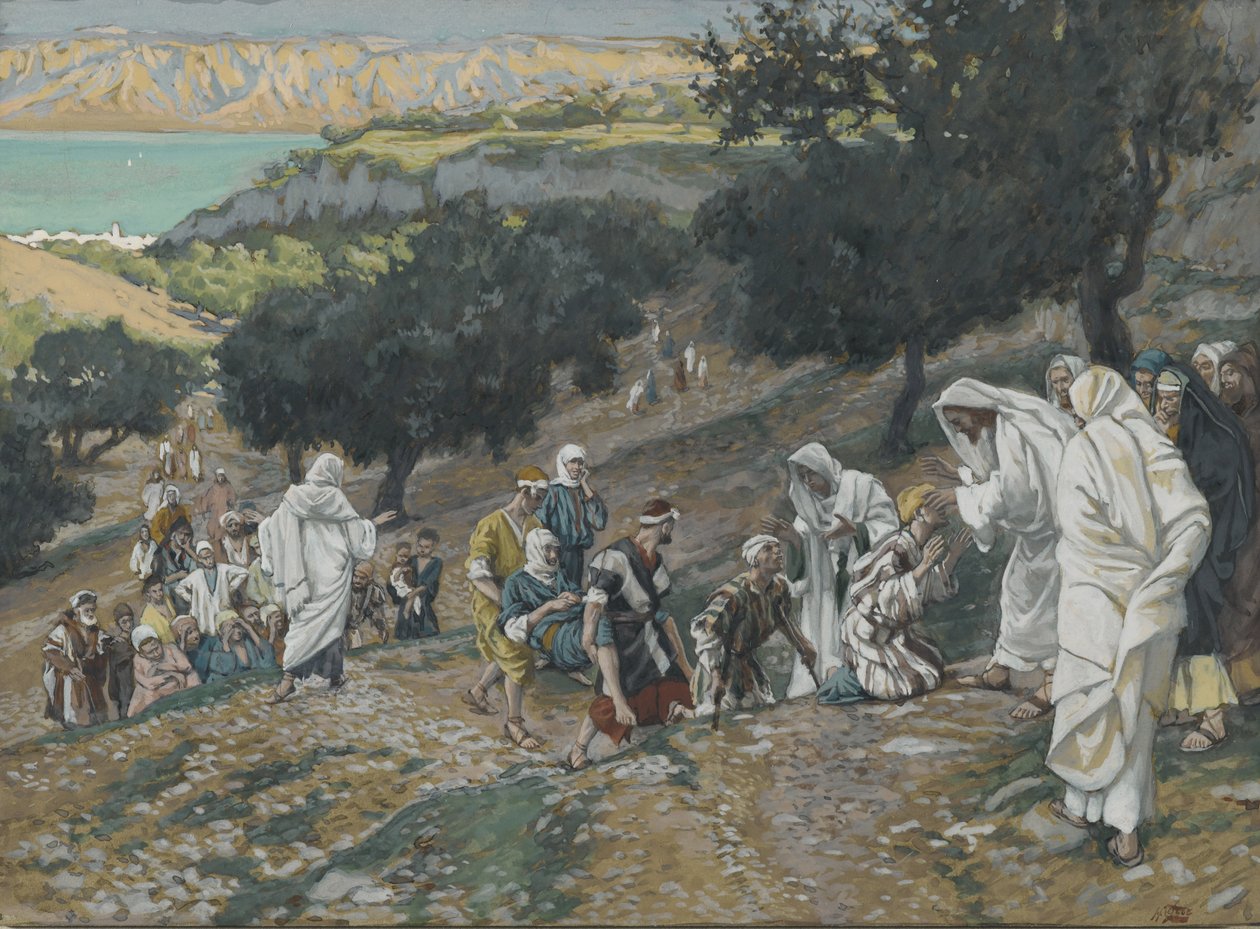 Jezus geneest de blinden en lammen op de berg, illustratie uit Het leven van onze Heer Jezus Christus door James Jacques Joseph Tissot