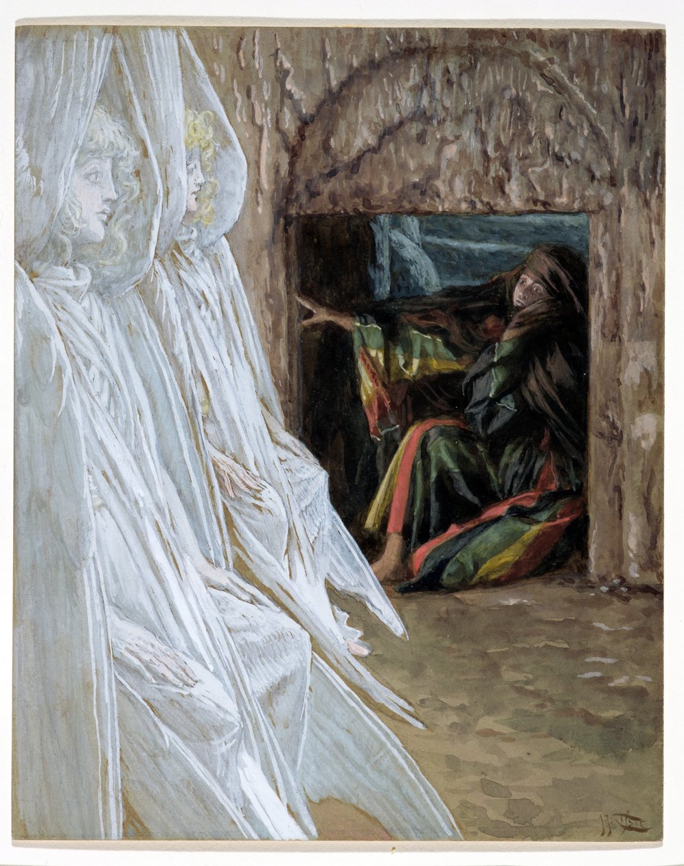 Maria Magdalena ondervraagt de engelen in het graf, illustratie voor Het Leven van Christus door James Jacques Joseph Tissot