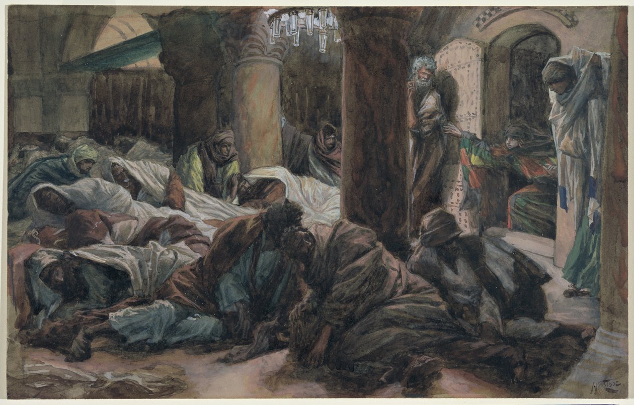 Maria Magdalena rent en vertelt de discipelen dat het lichaam van Christus niet langer in het graf is, illustratie voor Het leven van Christus door James Jacques Joseph Tissot