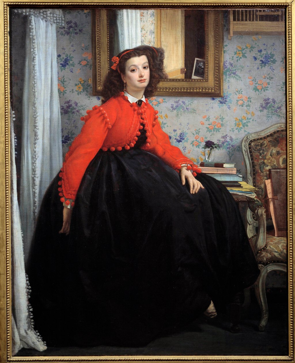 Portret van Mademoiselle L. L., of jong meisje in rode jas door James Jacques Joseph Tissot