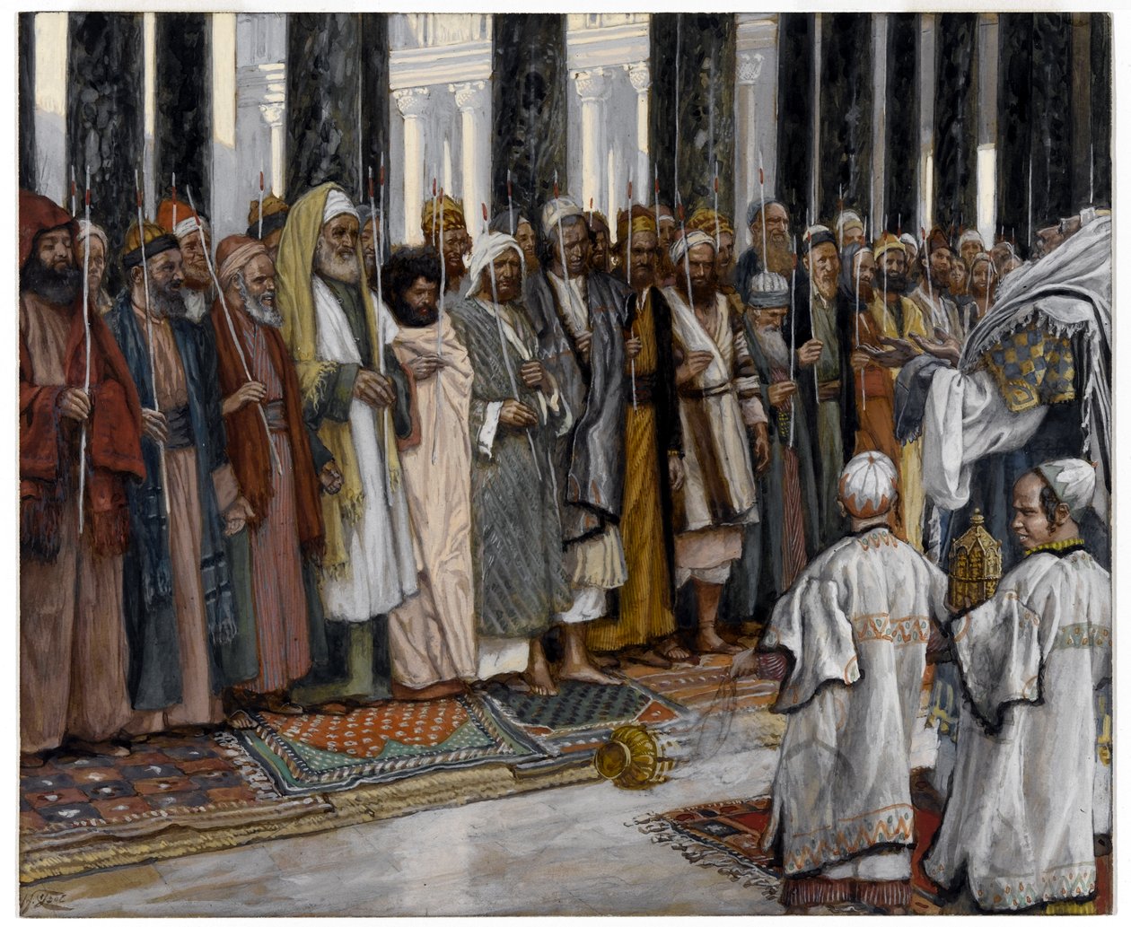 De beproeving van de vrijers van de Heilige Maagd, illustratie voor Het leven van Christus door James Jacques Joseph Tissot