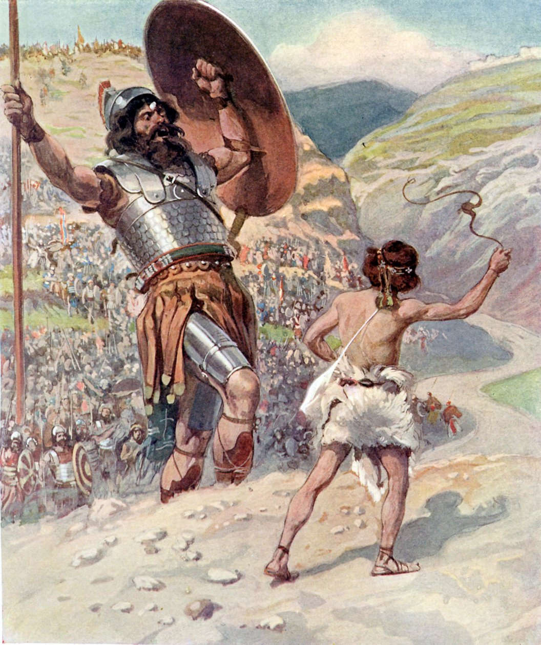 David slingert de steen - Bijbel door James Jacques Joseph after Tissot