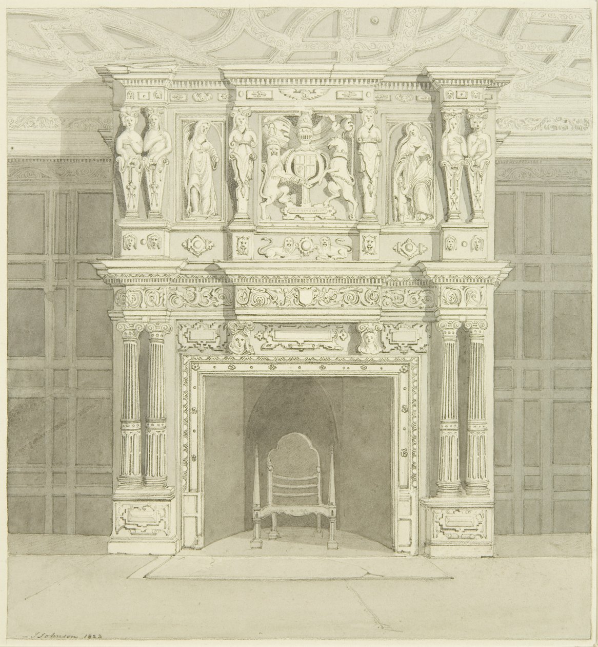 Open haard in Langton Mansion, aan de Achterzijde door James Johnson