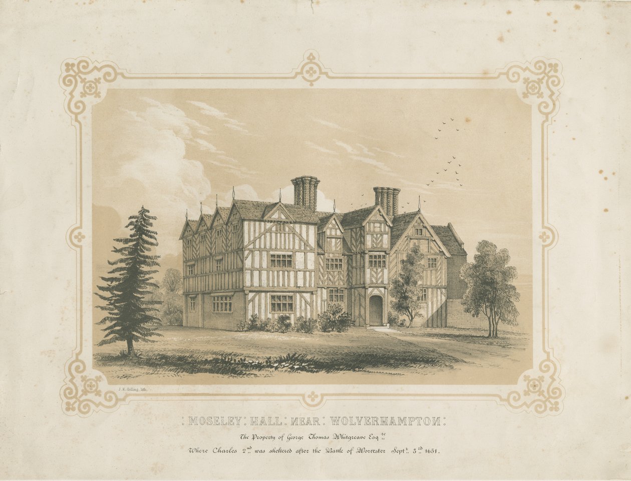 Bushbury - Moseley Old Hall: lithografie door James Kellaway Colling