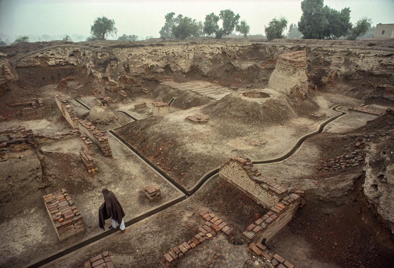 Overzicht van een put gevuld met de resten van bakstenen muren, een bakstenen put. HARAPPA door James L Stanfield