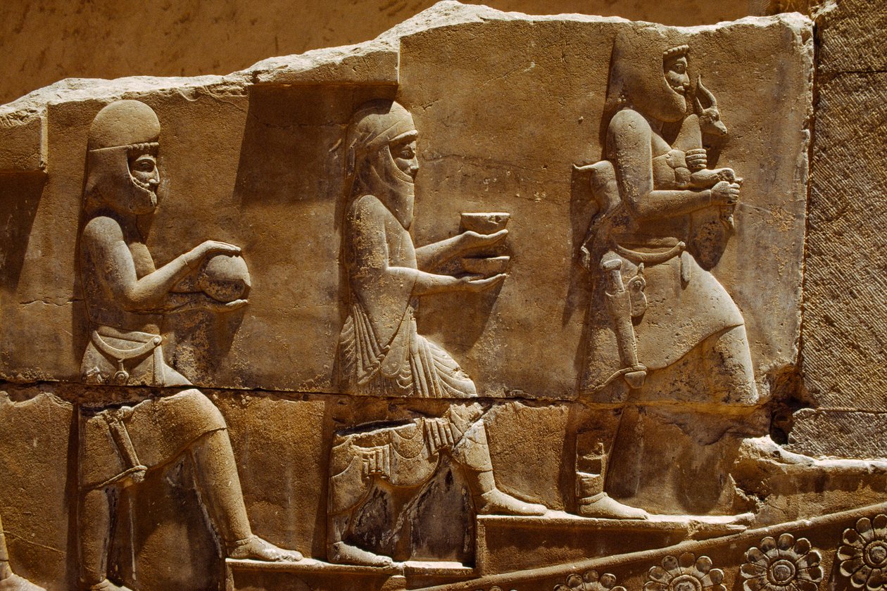 Reliëfsculptuur van mannen die offers dragen op de muren van Persepolis. Persepolis, Iran door James L Stanfield