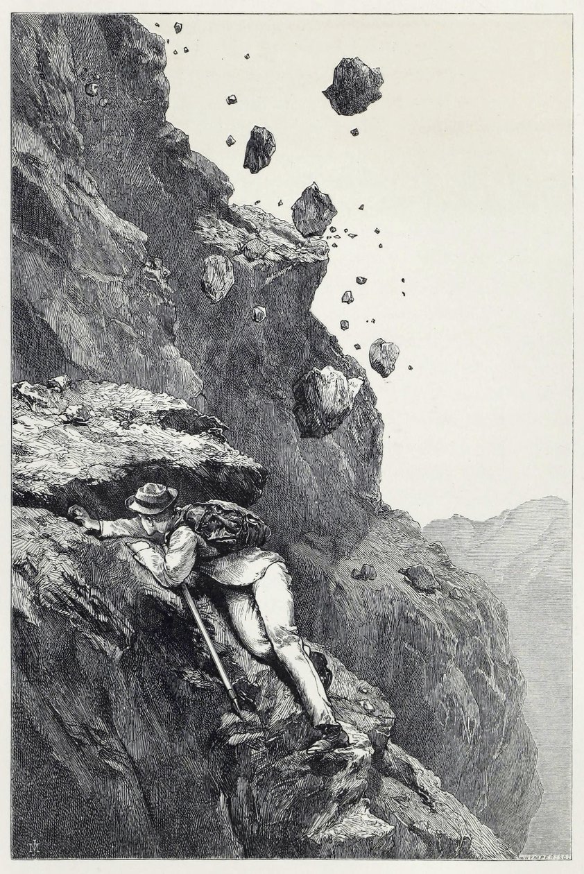 Een kanonnade op de Matterhorn, uit Scrambles amongst the Alps in de jaren 1860-69, uitgegeven 1871 (gravure) door James Mahoney