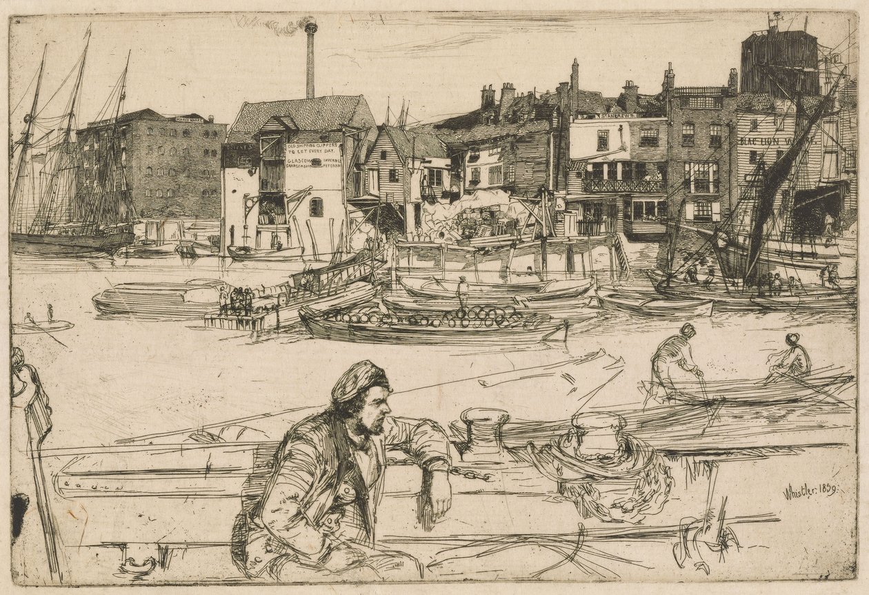 Black Lion Wharf, uit de Theemsreeks (Een serie van zestien etsen met scènes aan de Theems en andere onderwerpen) door James McNeill Whistler