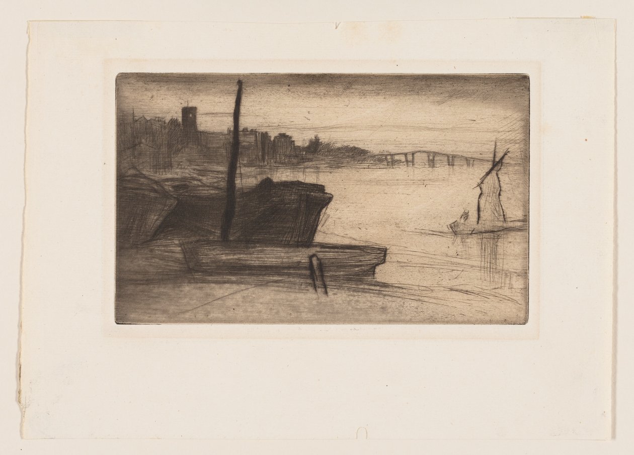 Chelsea Bridge en kerk door James Abbott McNeill Whistler