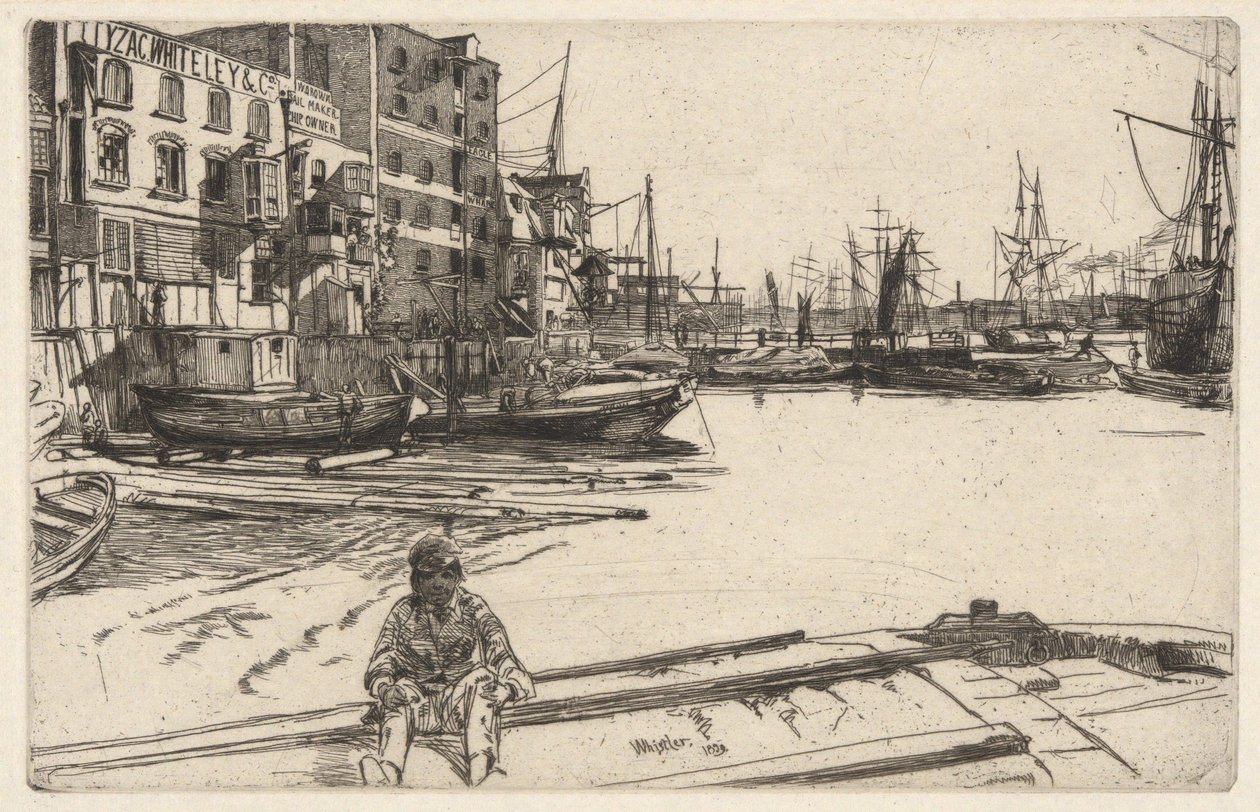 Eagle Wharf (Tyzac, Whiteley & Co.), uit de Theemsserie (Een reeks van zestien etsen met taferelen aan de Theems en andere onderwerpen) door James McNeill Whistler