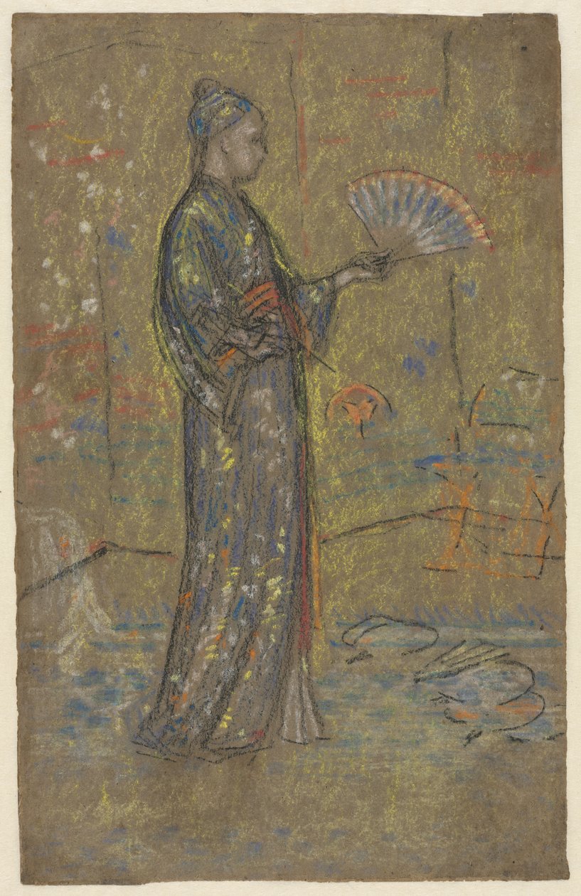 Japanse vrouw die een waaier schildert (voorkant) door James McNeill Whistler