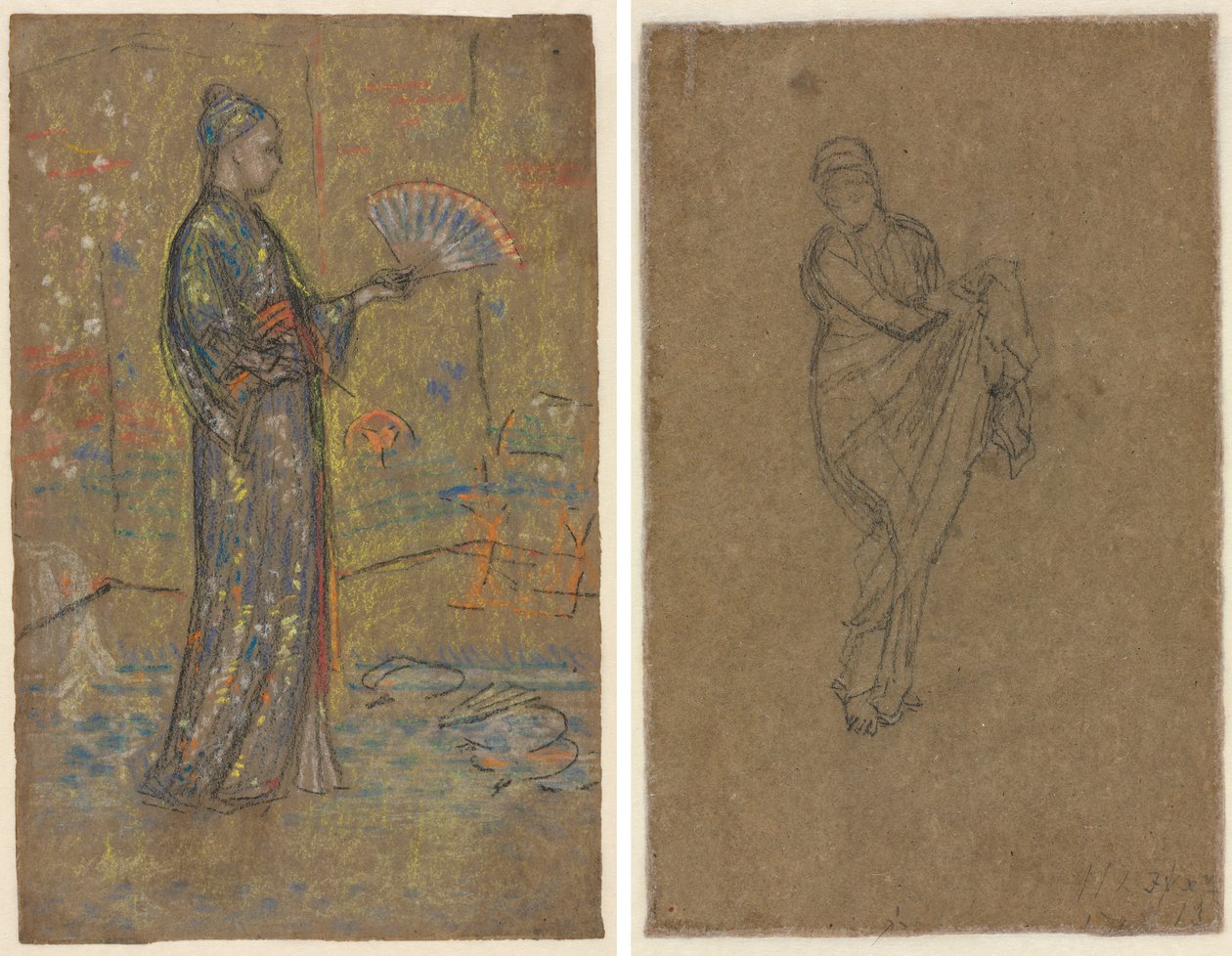 Japanse vrouw die een waaier beschildert (recto); staande vrouw die haar jurk optilt (verso) door James McNeill Whistler