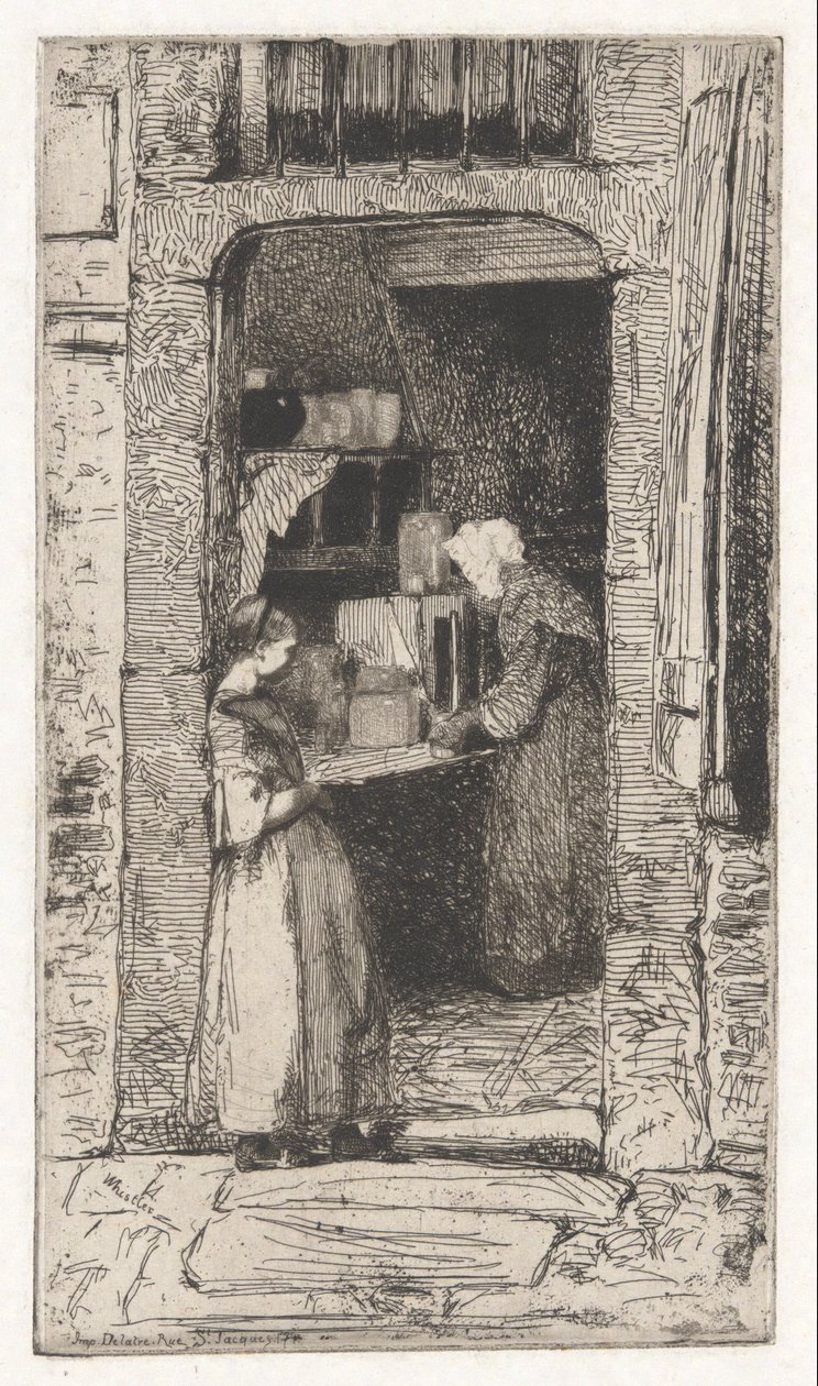 De Mosterdverkoper, uit de Franse Set (Douze Eaux-Fortes d) door James Abbott McNeill Whistler