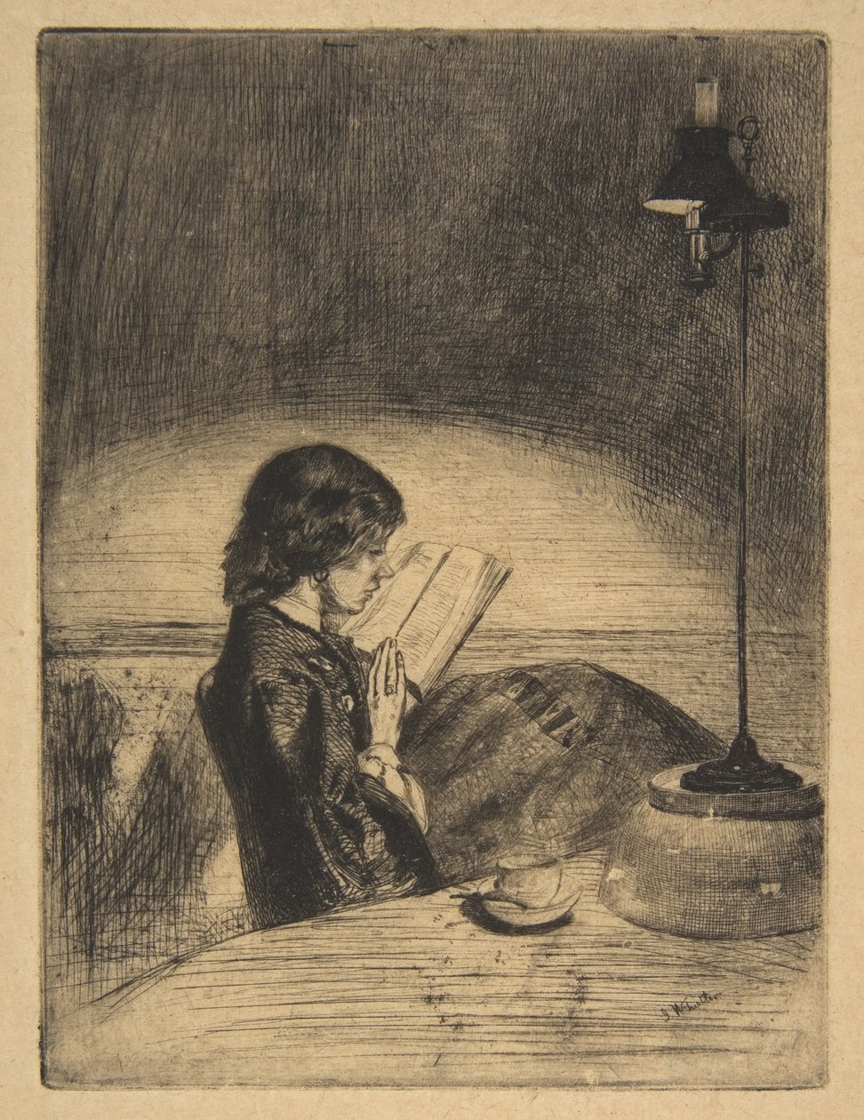 Lezen bij het licht van een lamp door James McNeill Whistler