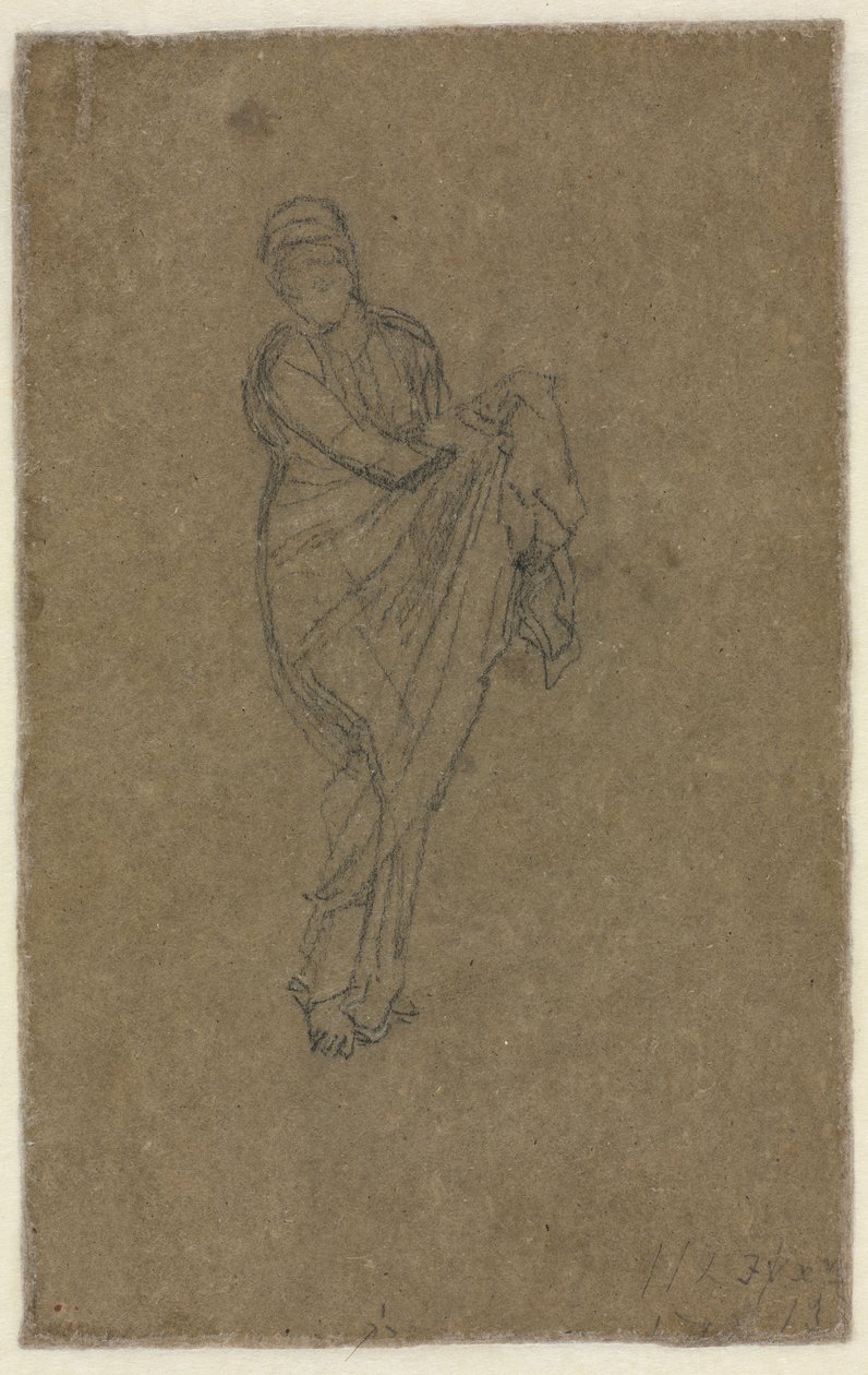 Staande vrouw die haar jurk omhoog houdt (achterzijde) door James McNeill Whistler