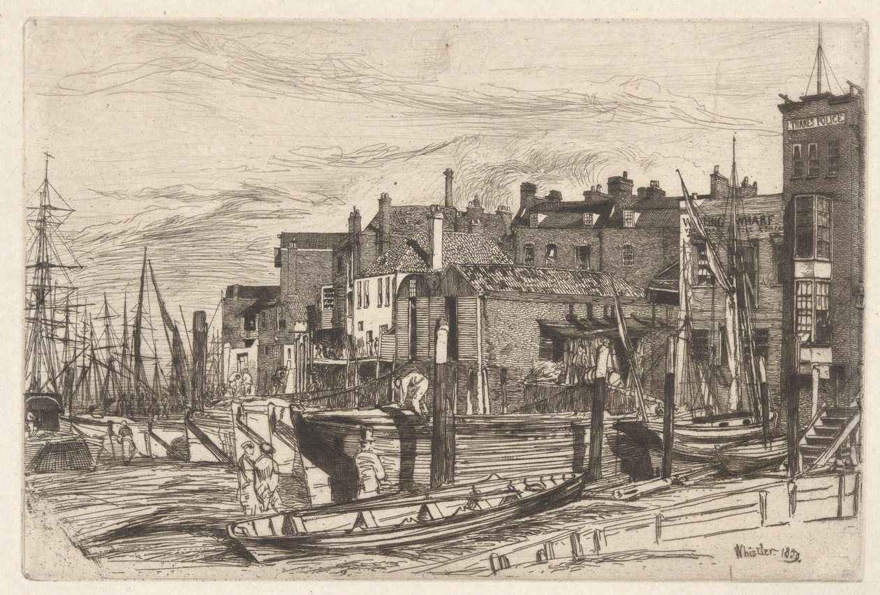 Thames Politie (Wapping Wharf), uit de Thames Set (Een serie van zestien etsen van scènes aan de Theems en andere onderwerpen) door James Abbott McNeill Whistler