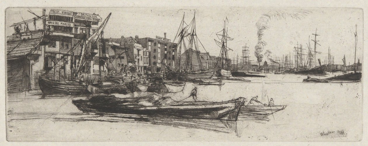 Thames Warehouse, uit de Thames-serie (een reeks van zestien etsen met taferelen aan de Theems en andere onderwerpen) door James McNeill Whistler
