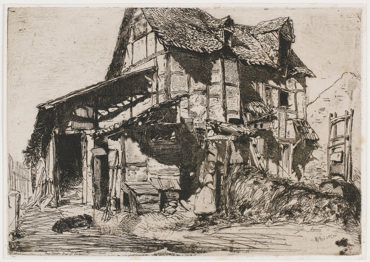 Het Onveilige Huurhuis. Een van de Twaalf Etsen uit de Natuur (De Franse Set) door James Abbott McNeill Whistler