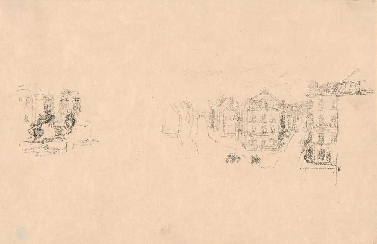 Twee proefschetsen: A. Grande Rue, Dieppe; B. Een interieur door James McNeill Whistler