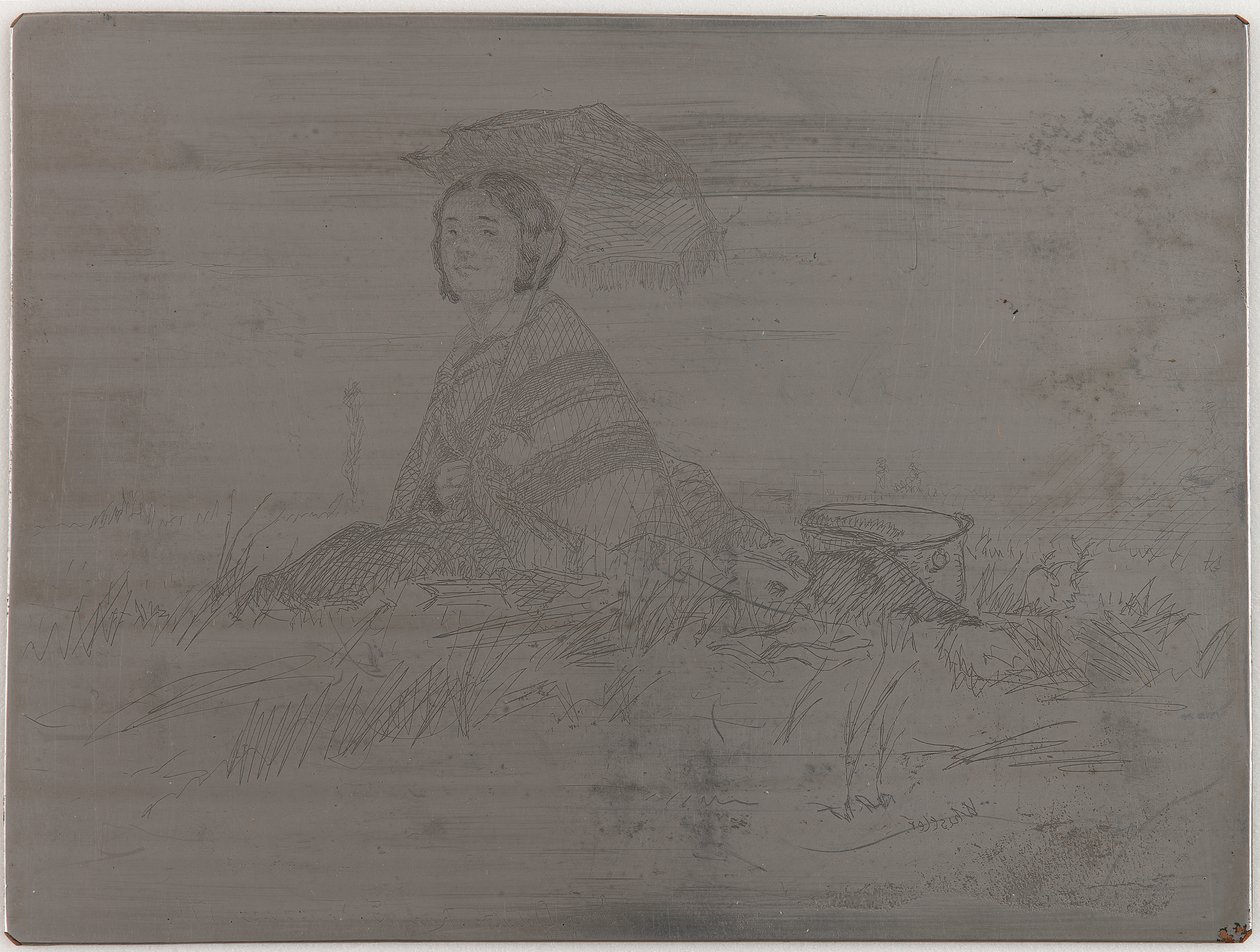 In de volle zon. Ongeannuleerde plaat uit Twaalf Etsen uit de Natuur (De Franse Set) door James Abbott McNeill Whistler