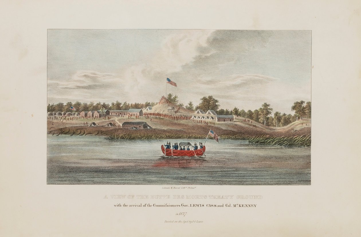 Uitzicht op de Butte Des Morts Treaty Ground; met de aankomst van de commissarissen Gov. Lewis Cass en Col. McKenny, uit de Aboriginal Portfolio door James Otto Lewis