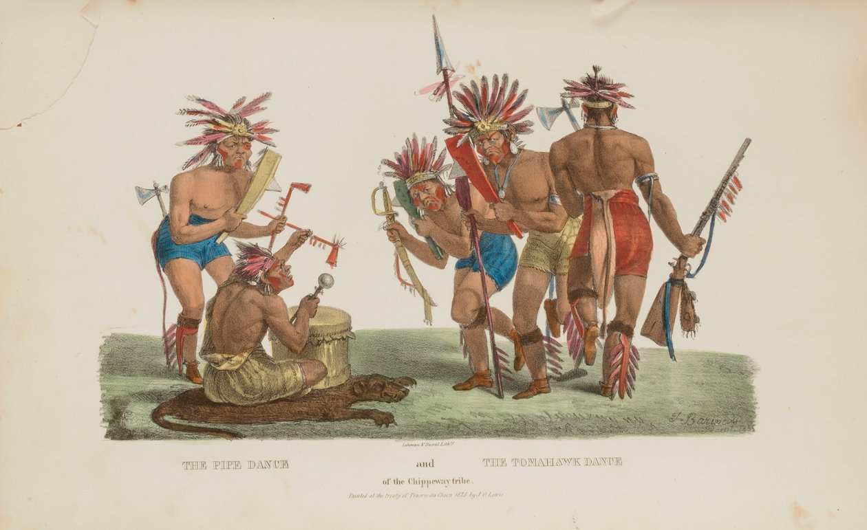 De pijpendans en de tomahawkdans van de Chippeway-stam, uit de Aboriginal Portfolio door James Otto Lewis