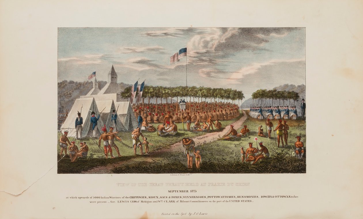 Uitzicht op het grote verdrag gehouden in Prairie Du Chien, september 1825, uit The Aboriginal Portfolio door James Otto Lewis