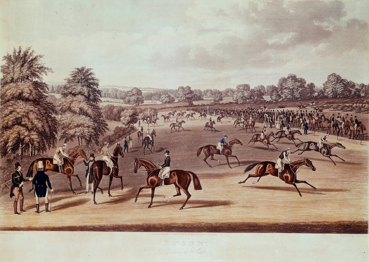 Paardenrennen in Epsom voor vertrek door James Pollard