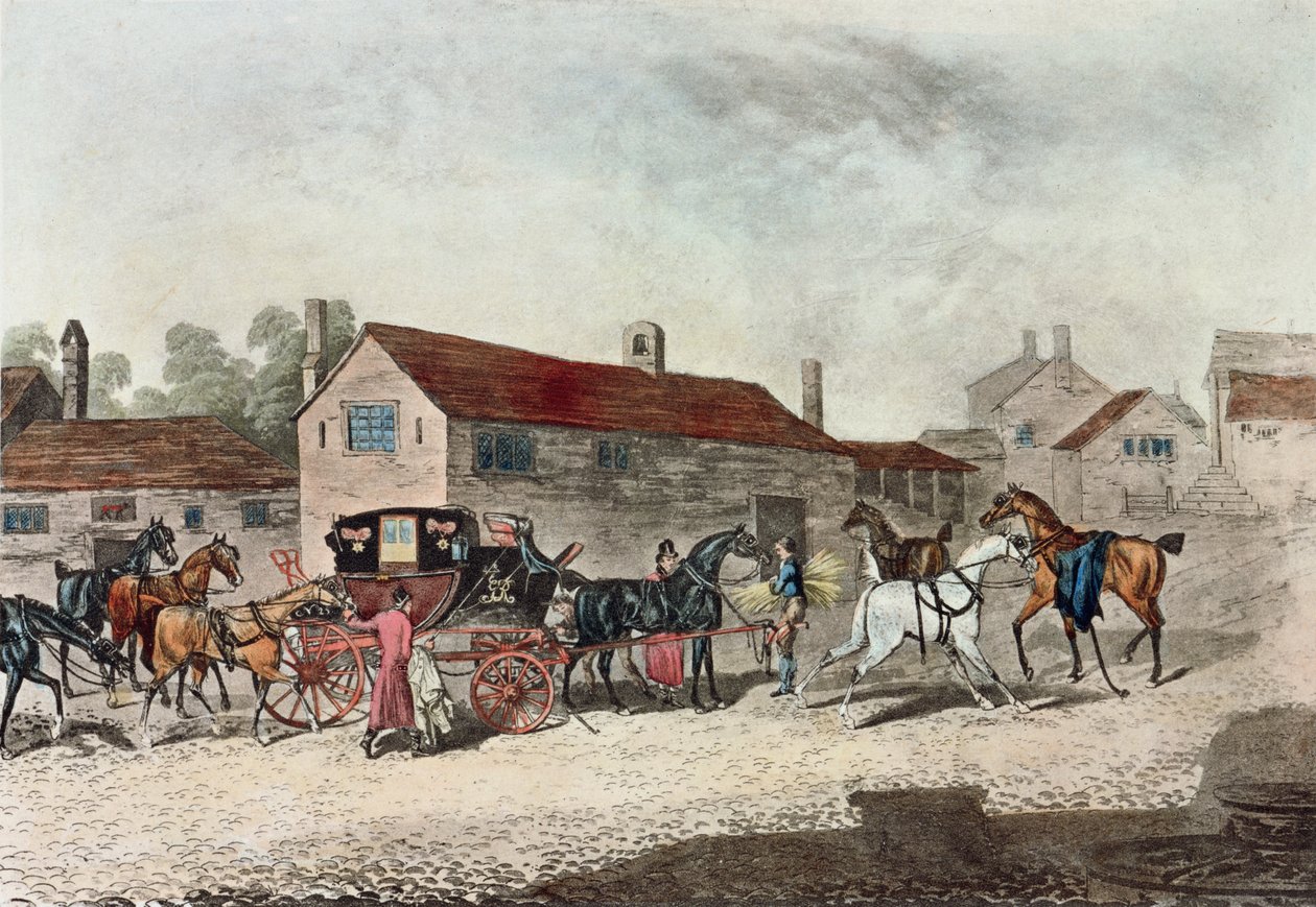 De postkoets wisselt van paarden, gegraveerd door R. Havell, 1815 door James Pollard