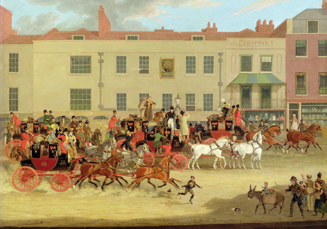 De Noordelijke Postkoetsen bij de Pauw, Islington door James Pollard