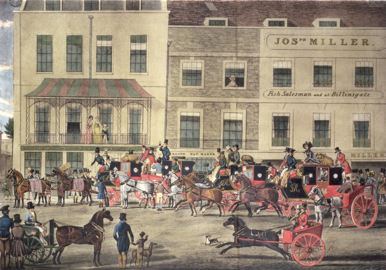 West Country Mails bij het Gloucester Coffee House, Piccadilly, gegraveerd door C. Rosenberg, 1828 door James Pollard