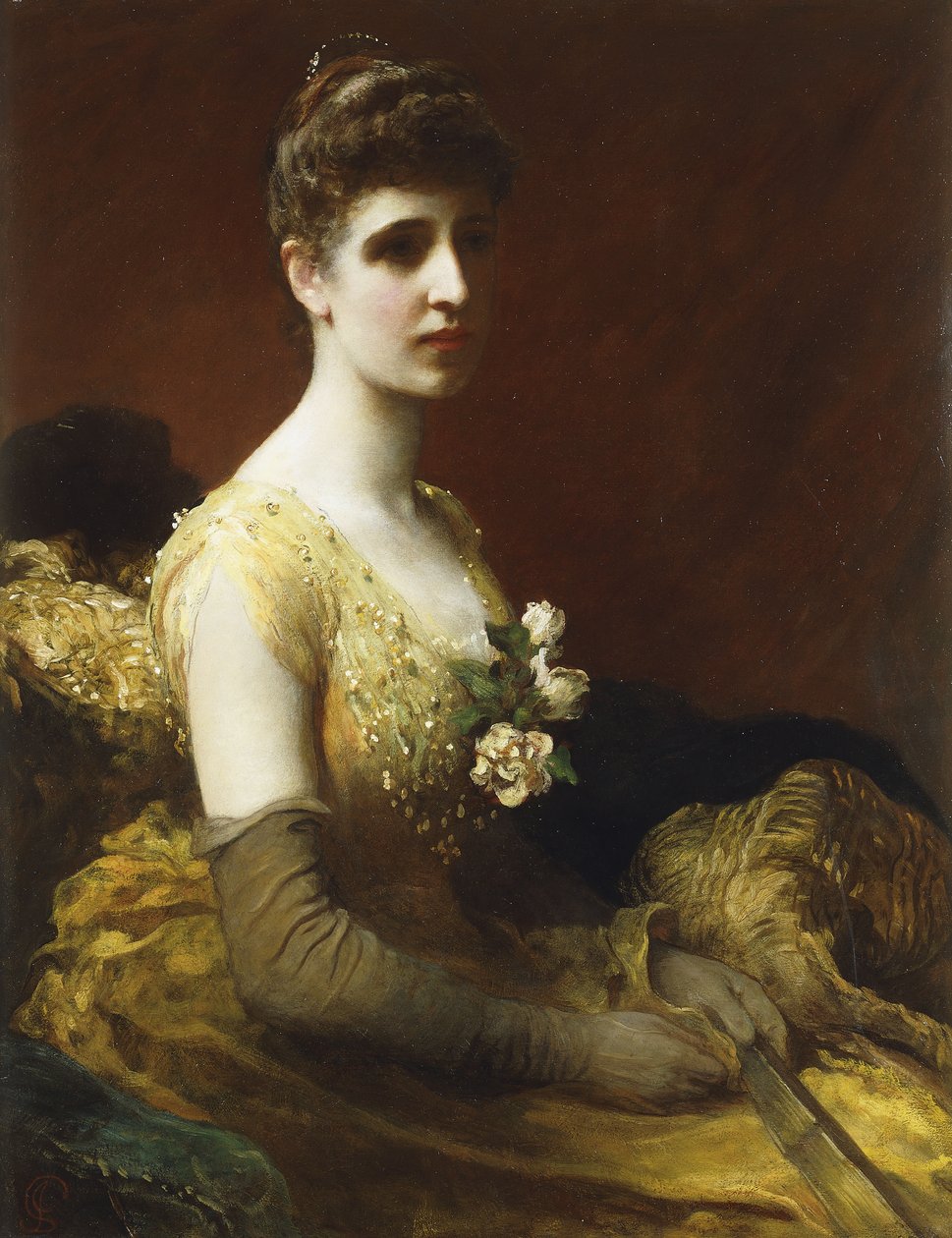 Portret van Lady Dixon van Rheda, driekwart lengte, zittend in een gele jurk met bloemen en een waaier door James Sant