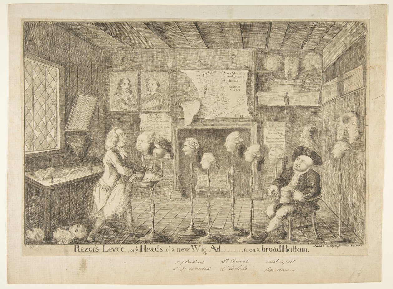 Razors Levée, of Ye Heads of a New Wig Administration on a Broad Bottom, 21 april 1783 door James Sayers