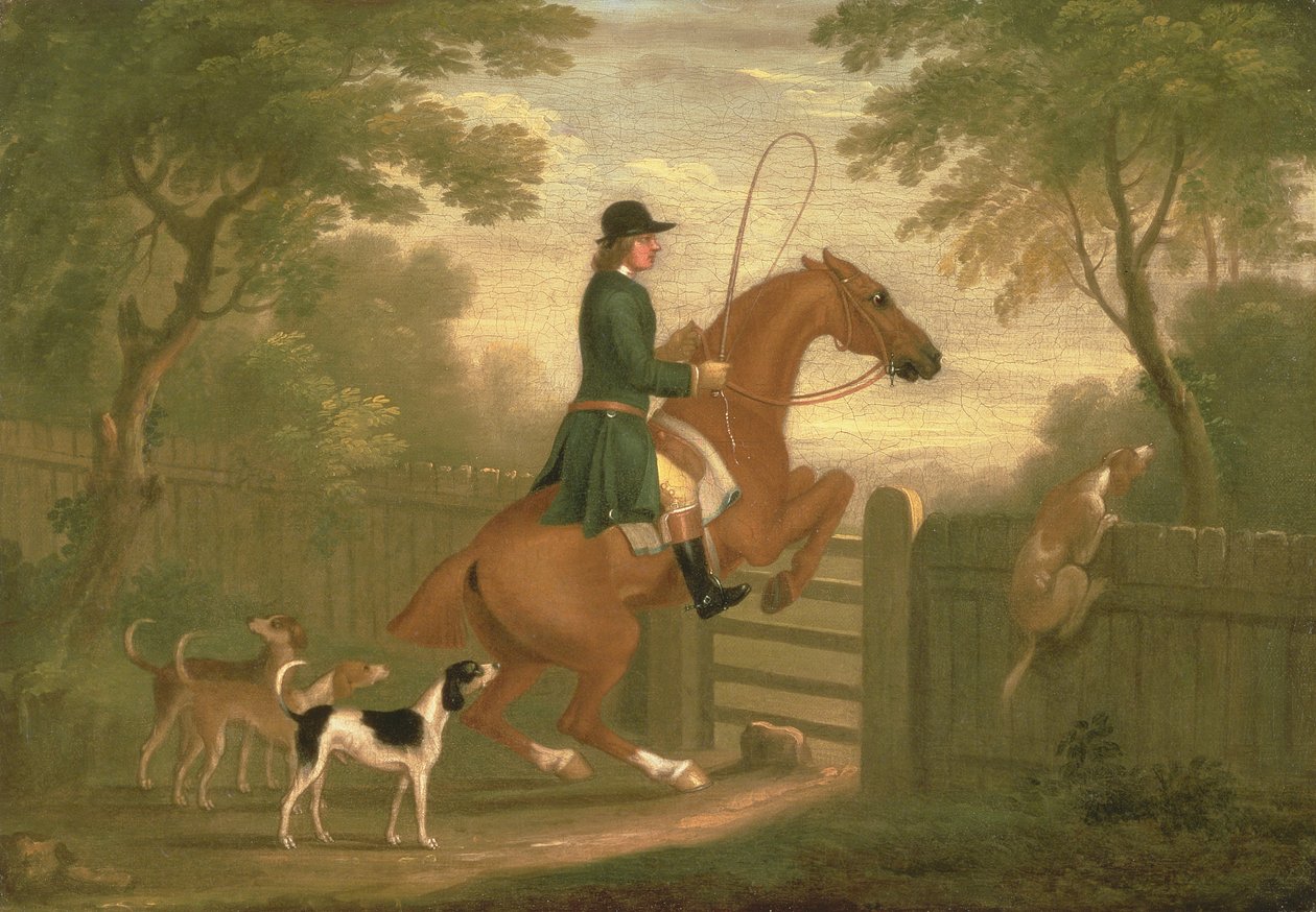 Jager met zijn honden in een landschap door James Seymour