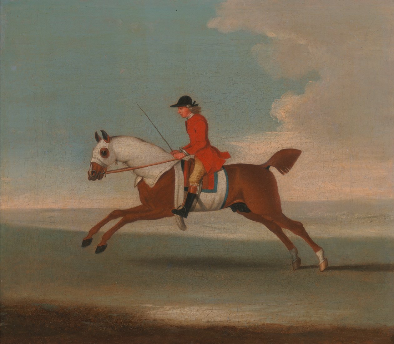 Een van vier portretten van paarden - een kastanjebruin renpaard getraind door een trainer in een rode jas: galopperend naar links, het paard draagt witte zweetdekens op hoofd, nek en lichaam door James Seymour