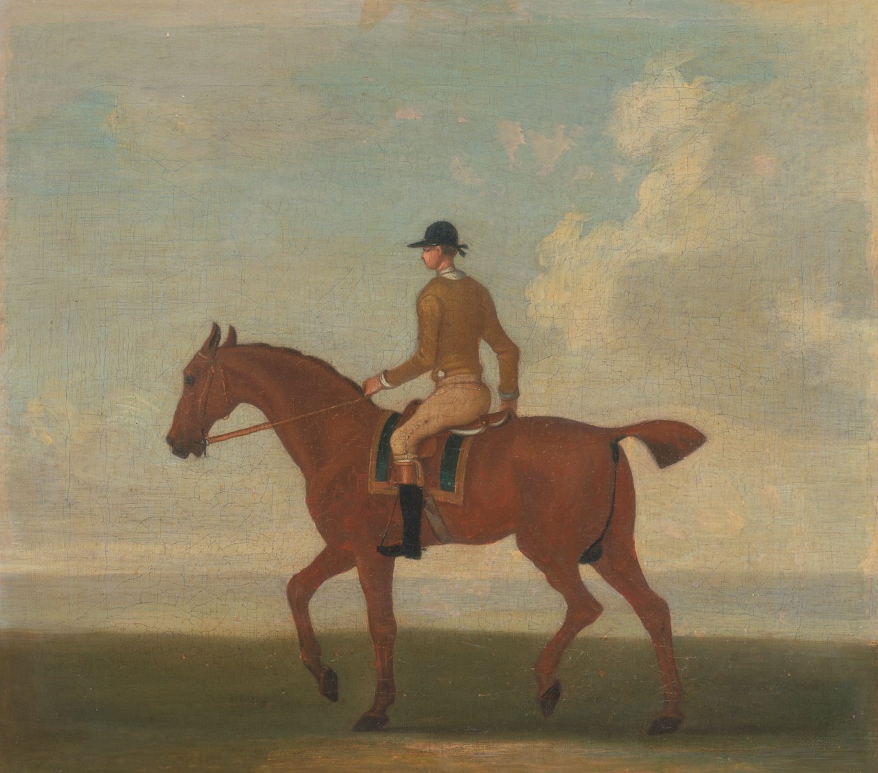 Een van vier portretten van paarden - een kastanjebruin renpaard met jockey: lopend naar links; jockey in buff-gele jas door James Seymour