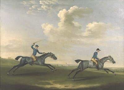 Twee renpaarden worden geoefend door James Seymour