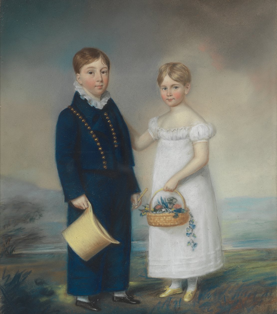 Jongen met een hoed en meisje met een mand bloemen, staande in een landschap door James Sharples
