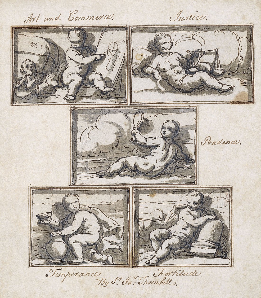Kunst en Handel; Gerechtigheid; Voorzichtigheid; Gematigdheid; en Moed door James Thornhill