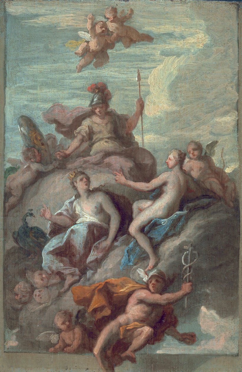 Juno, Minerva en Venus sturen Mercurius met de appel van onenigheid, ca. 1718 door James Thornhill