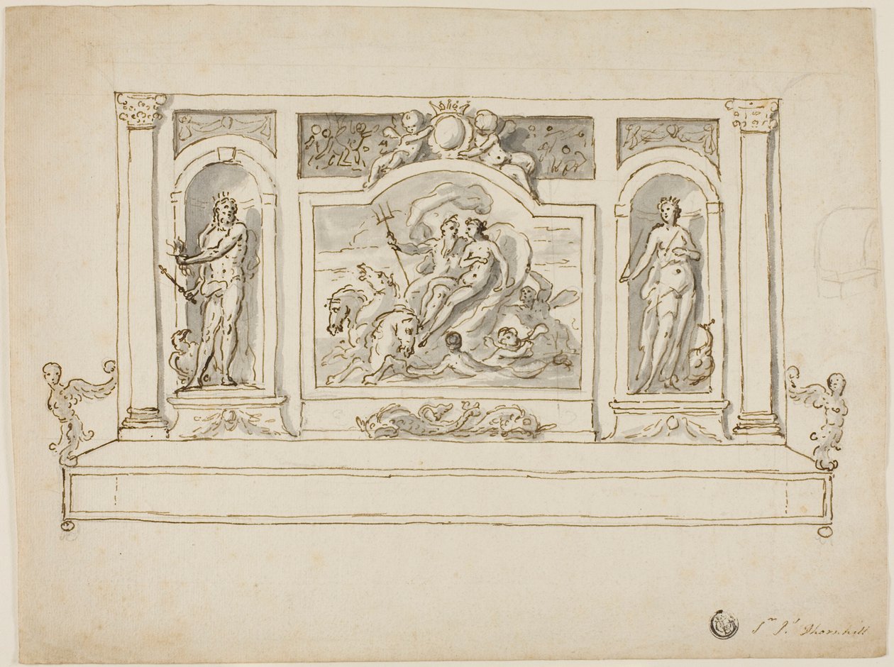 Neptunus en Amphitrite geflankeerd door Jupiter en Juno: ontwerp voor geschilderde hal- of tuinbank door James Thornhill
