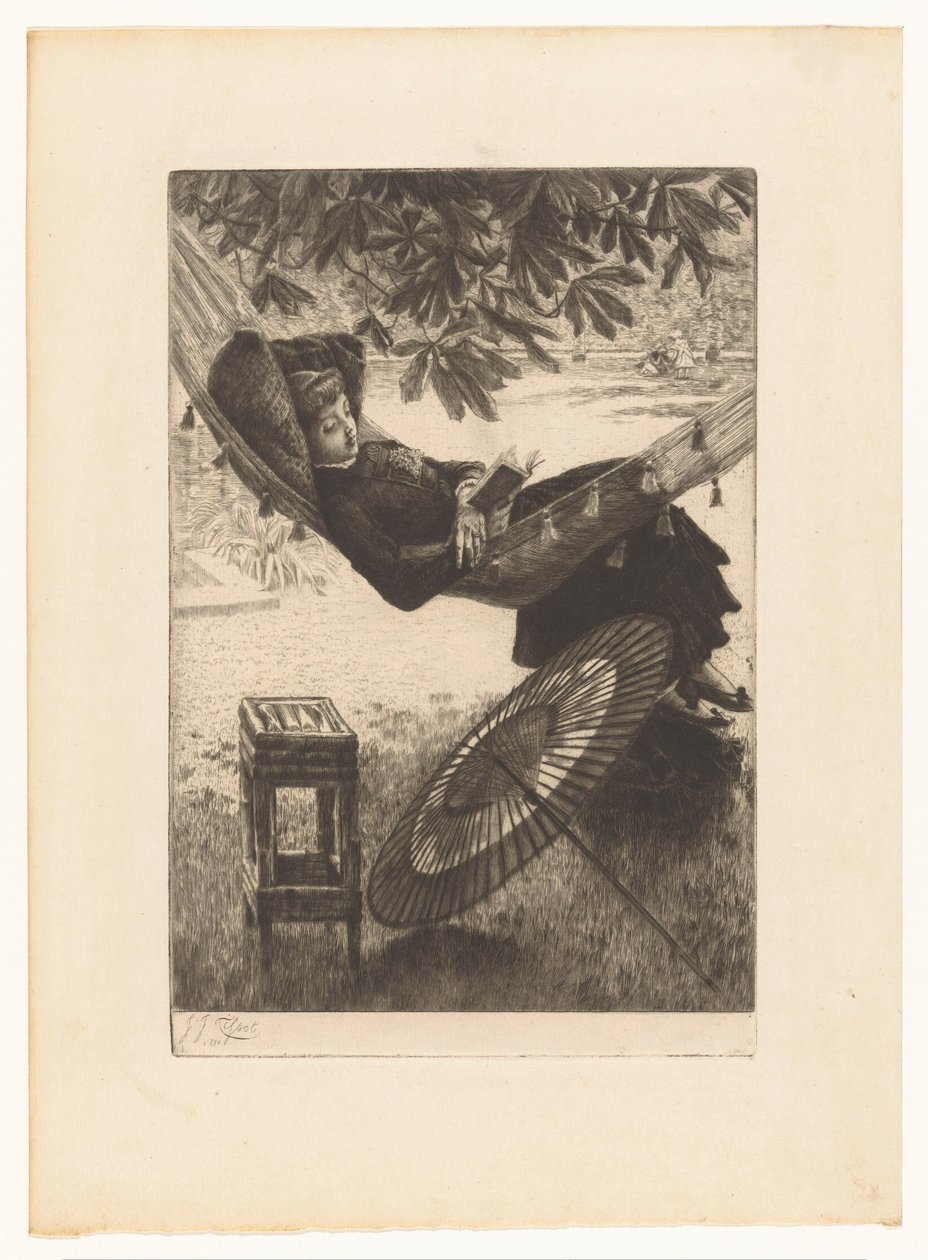 Jonge lezende vrouw in een hangmat door James Tissot
