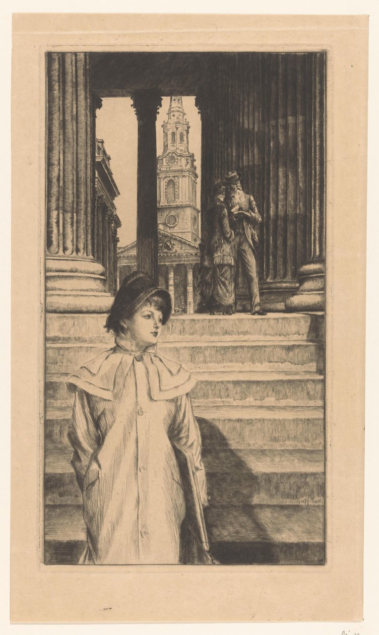 Jonge vrouw loopt de trappen van de National Gallery in London af door James Tissot